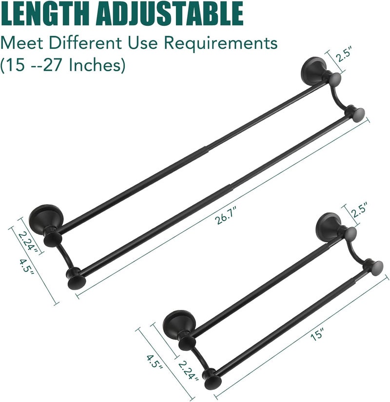 Hoimpro Adjustable Retractable 15-27 Inches Stainless Steel Bathroom Towel Bar, Bathroom Accessories Bath Hotel Double Towel Bar Rod Hanger Wall Mounted Towel Holder Towel Rack, Matte Black - Image 4